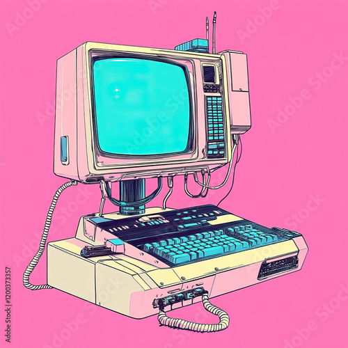 Computer in flat drawn retro cyberpunk style with keyboard on pink background.