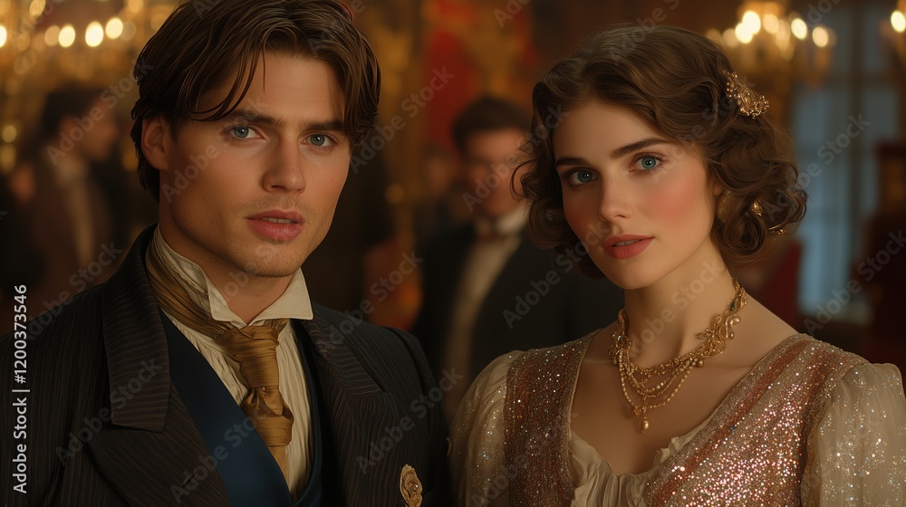 Romantic couple dressed in elegant 19th-century attire at a lavish ballroom gathering during an evening celebration Romantic couple dressed in elegant 19th-century attire at a lavish ballroom gathering during an evening celebration