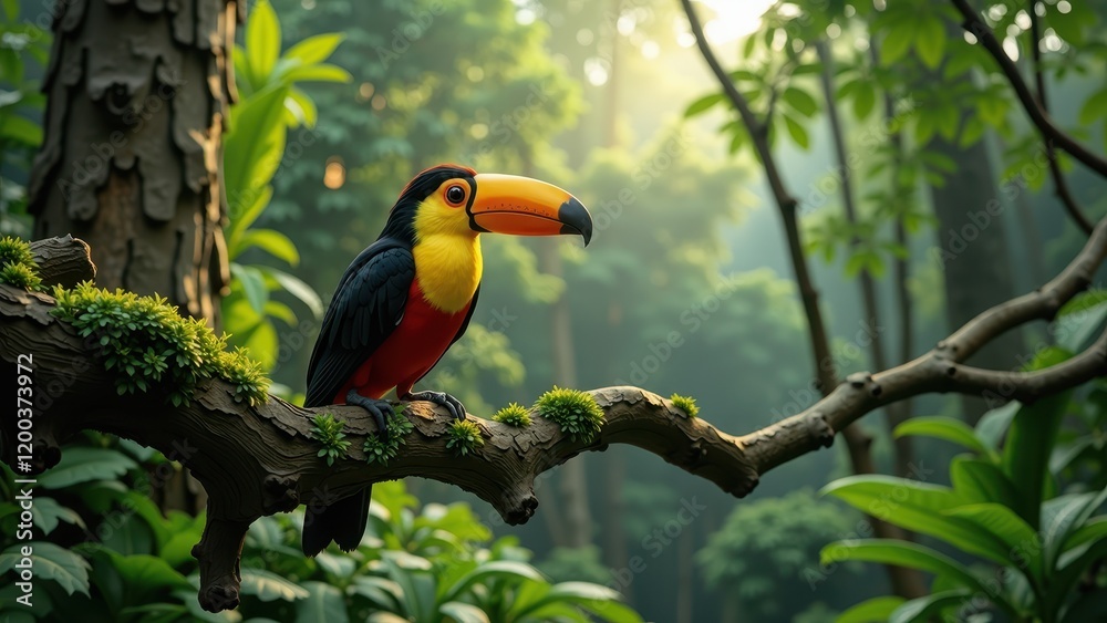 Close-up view of a vibrant toy toucan perched on a tree branch. Its striking yellow beak, black wings, and red chest stand out, facing right in an enchanting outdoor setting Close-up view of a vibrant toy toucan perched on a tree branch. Its striking yellow beak, black wings, and red chest stand out, facing right in an enchanting outdoor setting
