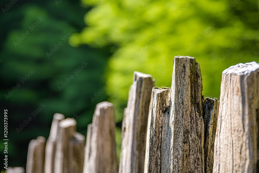 Rustic wooden fence in sunny forest with natural green background Rustic wooden fence in sunny forest with natural green background