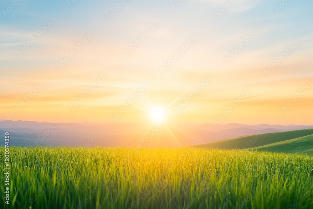 Sunrise over green field with clear sky and distant mountains Sunrise over green field with clear sky and distant mountains