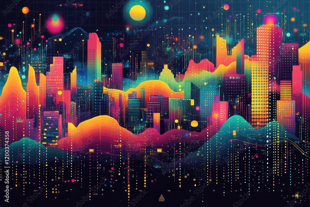 Obraz premium Vibrant Digital Cityscape Surrounded by Gradient Mountains and Abstract Elements in a Futuristic Neon Night Setting with Dotted Patterns