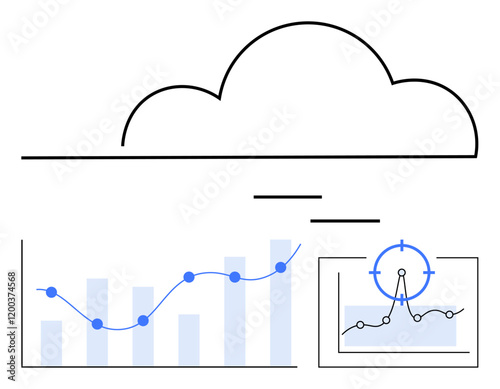 Cloud icon above growth chart with bar graph and magnified focus on data point. Ideal for analytics, cloud computing, forecasting, business strategy, research, big data, abstract line flat metaphor