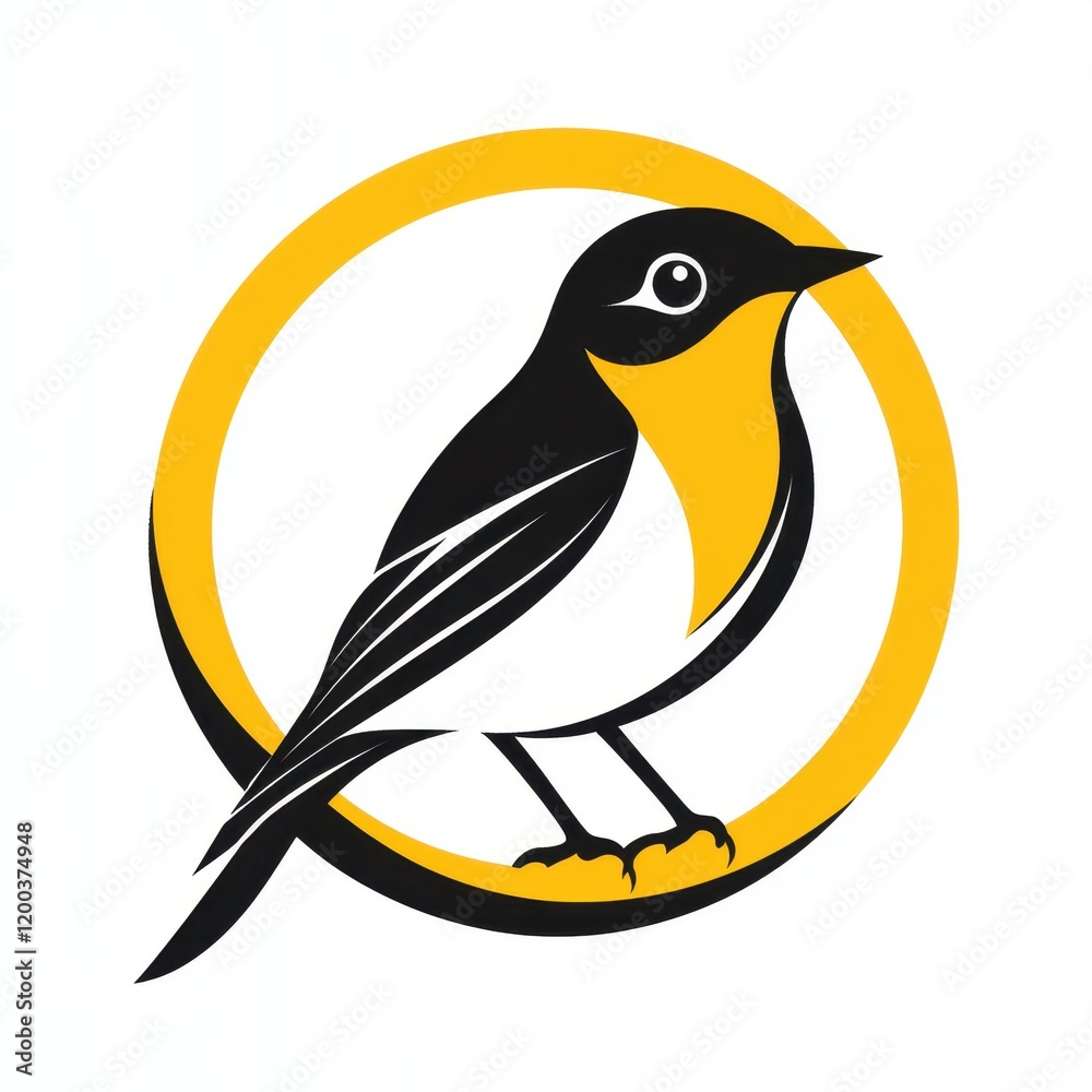 Fototapeta premium Minimalist illustration of a yellow and black bird perched inside a circular frame on a white background