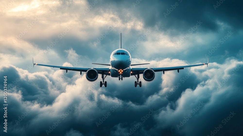 Obraz premium Airplane Approaching Landing Through Dramatic Cloudscape