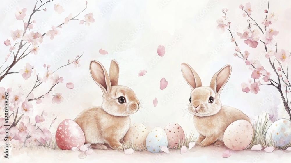 Obraz premium Whimsical spring scene with bunnies and easter eggs among cherry blossoms