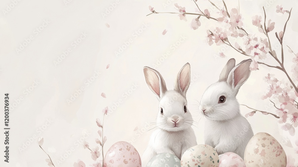 Fototapeta premium Adorable rabbits with cherry blossoms and painted easter eggs