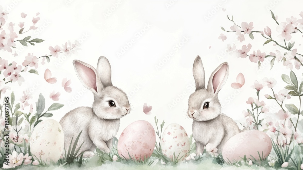 Fototapeta premium Easter bunnies with decorated eggs in a floral spring setting