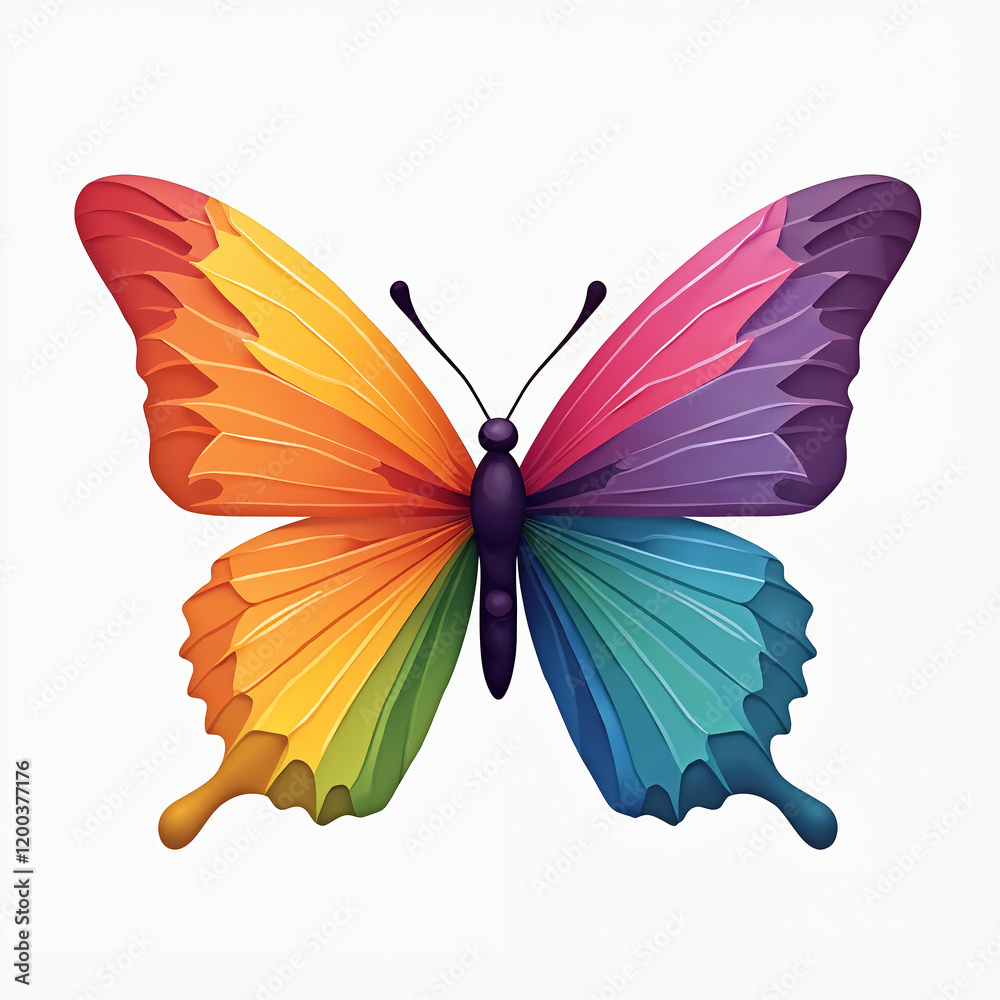 Beautiful closeup of a vibrant rainbow-colored butterfly with detailed wings on a white background. Beautiful closeup of a vibrant rainbow-colored butterfly with detailed wings on a white background.