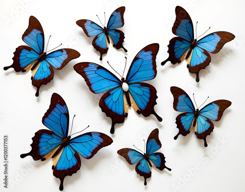 Collection of vibrant blue butterflies with brown edges on a white background.
