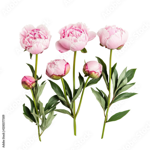 A row of delicate pink peonies with lush green leaves arranged elegantly on a soft background, row of pink peonies flowerfile of isolated object on transparent background