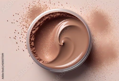 A swirl of creamy foundation in a glass jar surrounded by powder specks