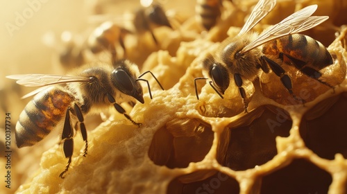 Honey Bees on Honeycomb: A Close-Up of Nature's Golden Wonders photo