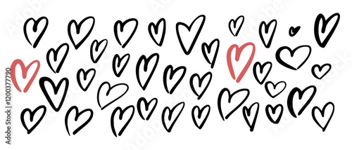 Set of outline hearts, hand drawn with black marker in sweeping, sloppy, dynamic style. Vector illustration of two red hearts in love against chaotic pattern of many black ones.