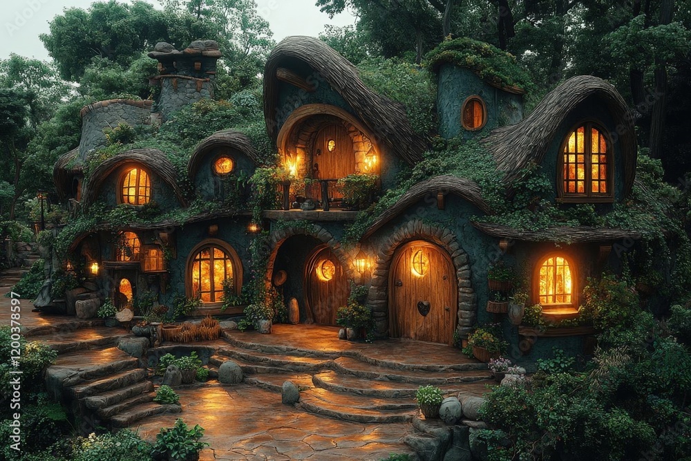Enchanted Stone House nestled in a lush Forest at Night, warm lights glowing Enchanted Stone House nestled in a lush Forest at Night, warm lights glowing