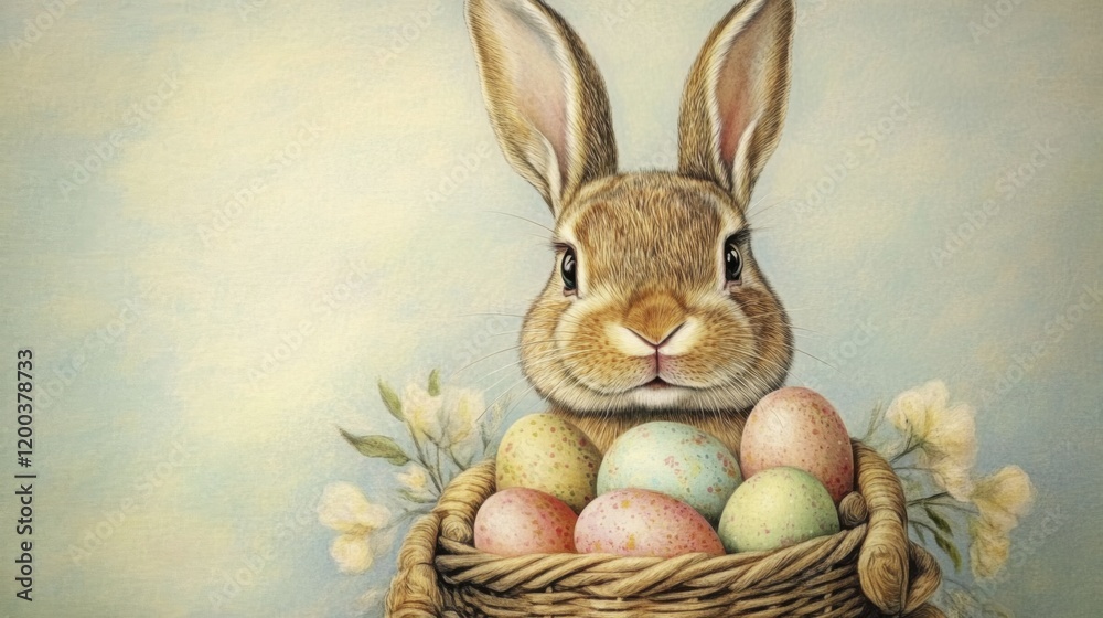 Obraz premium Easter bunny holding basket of colorful eggs and flowers