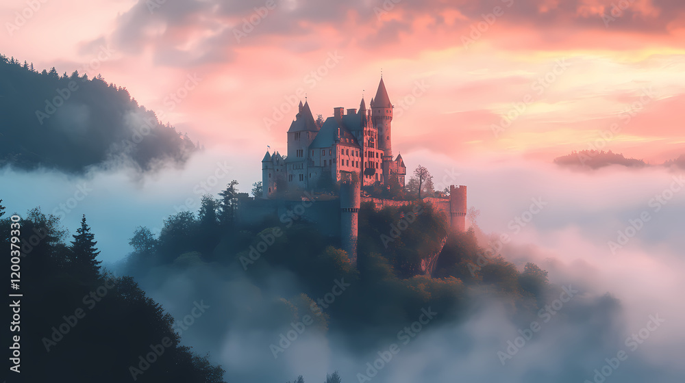 Fototapeta premium Fog-covered castle on a misty hill perfect for fantasy and historical wallpapers with an eerie touch. Fantasy Castle Sunrise. Illustration