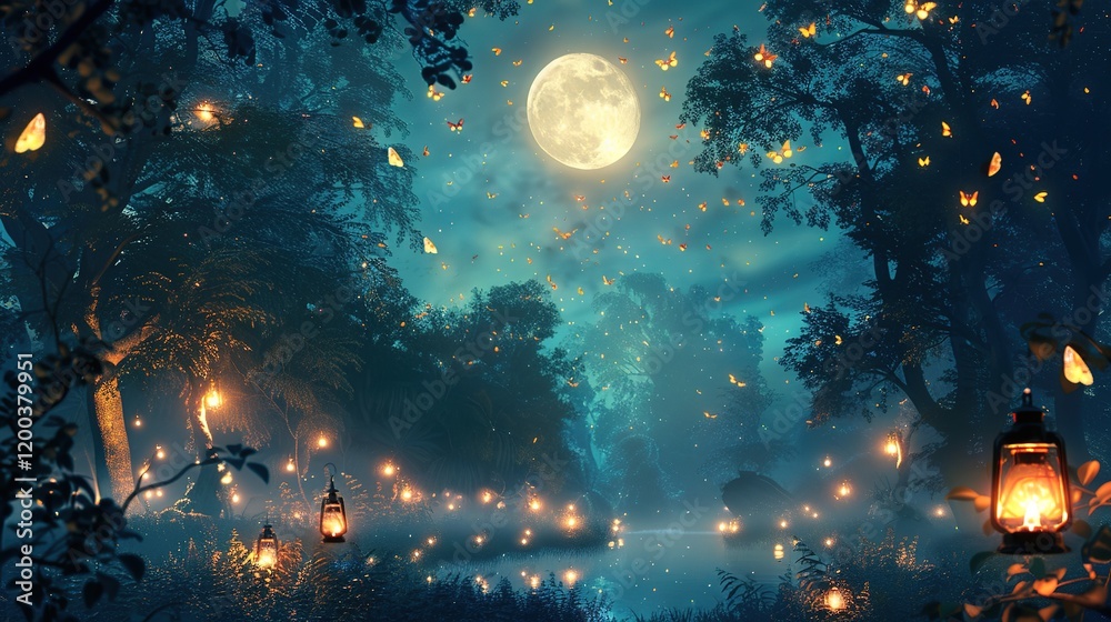 An_enchanting_background_with_lanterns_fireflies An_enchanting_background_with_lanterns_fireflies