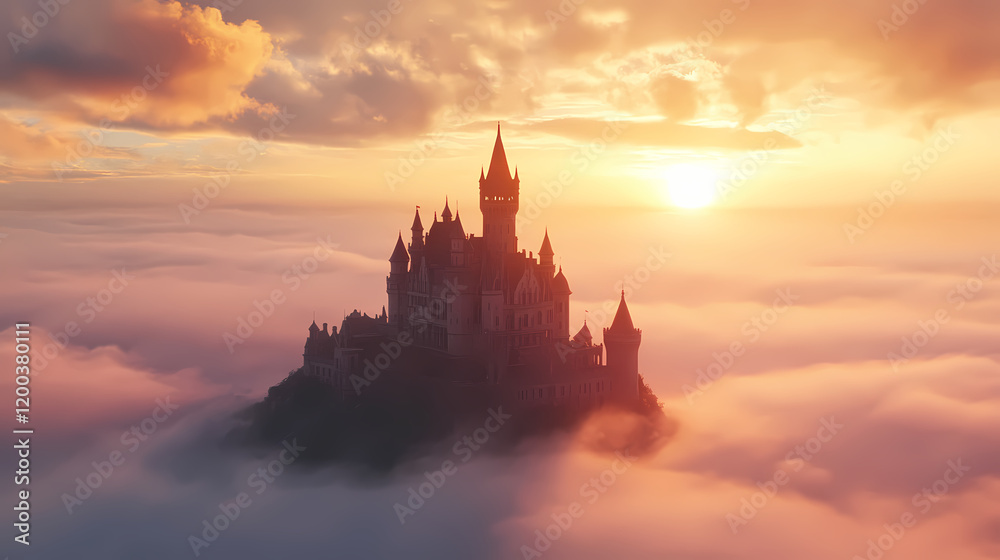 Fototapeta premium Medieval castle emerging from fog at golden hour. Fantasy Castle Sunrise. Illustration