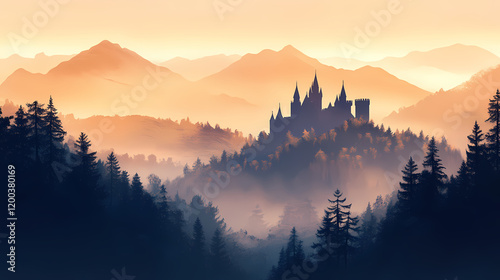 Misty mountaintop castle silhouette. Fantasy Castle Sunrise. Illustration