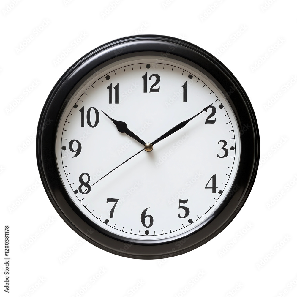 Classic wall clock displaying time in a simple black and white design isolated on transparent background Classic wall clock displaying time in a simple black and white design isolated on transparent background