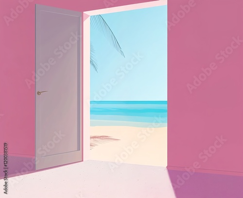 An open door in pink, grey, and blue leads to the beach