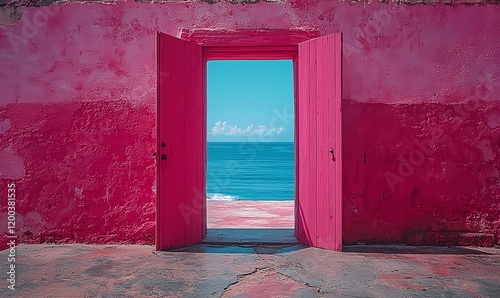 An open door in pink, grey, and blue leads to the beach