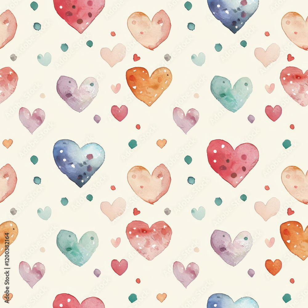 Seamless Miniature watercolor hearts with polka dots in soft colors create charming pattern Seamless Miniature watercolor hearts with polka dots in soft colors create charming pattern