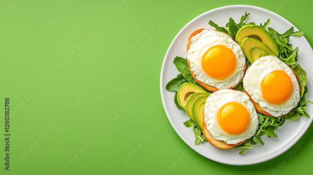Healthy Breakfast Plate with Sunny Side Up Eggs, Fresh Avocado Slices, and Crisp Arugula Leaves on Toast, Served on a Vibrant Green Background for a Fresh and Nutritious Meal Healthy Breakfast Plate with Sunny Side Up Eggs, Fresh Avocado Slices, and Crisp Arugula Leaves on Toast, Served on a Vibrant Green Background for a Fresh and Nutritious Meal