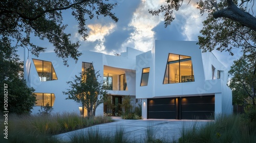 A bold white home with abstract angular walls, floor-to-ceiling windows, and dark garage doors photo