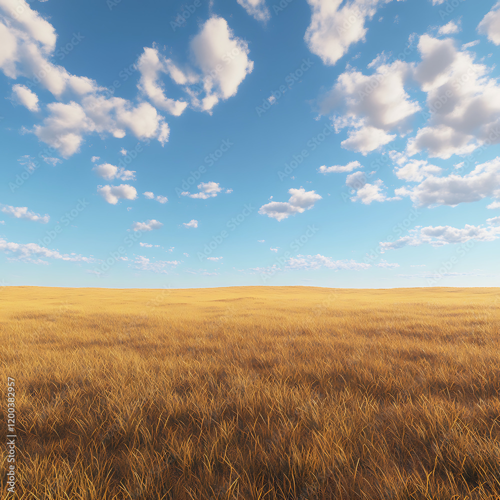 panoramic view of golden grasslands stretching to the horizon, with a clear blue sky and scattered, glowing clouds creating a serene, open atmosphere. panoramic view of golden grasslands stretching to the horizon, with a clear blue sky and scattered, glowing clouds creating a serene, open atmosphere.