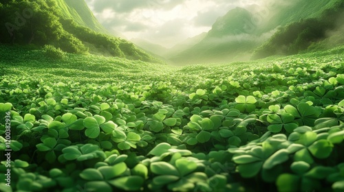 Lush clover field valley sunrise, mountainous backdrop, idyllic nature scene