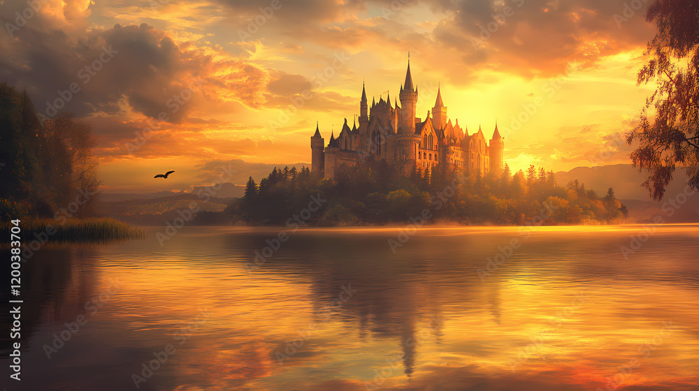 Fototapeta premium Fantasy castle on a lake with reflection and dramatic sky. Fantasy Castle Sunrise. Illustration