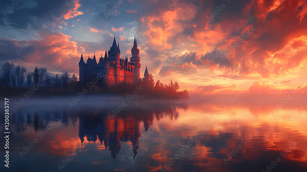 Fototapeta premium Fantasy castle on a lake with reflection and dramatic sky. Fantasy Castle Sunrise. Illustration