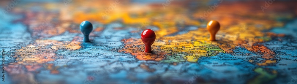 Adventure Travel Map with Colorful Pins and Mountain Landscape Adventure Travel Map with Colorful Pins and Mountain Landscape