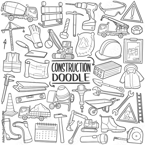 Construction Work Line Art Doodle Icons Sketch Hand Made Design Vector Stamps.