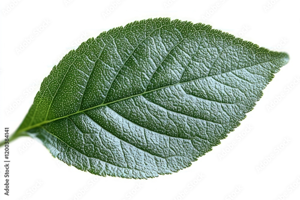 Obraz premium Green leaf, detailed texture, white background, nature close-up, botanical illustration