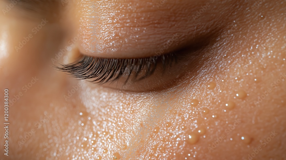 Fototapeta premium Close-up of a closed eye with skin glistening from sweat droplets. Skincare and natural beauty concept