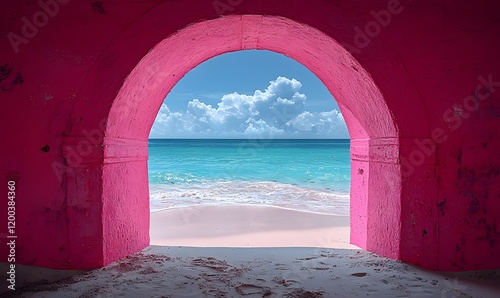 An open door in pink, grey, and blue leads to the beach