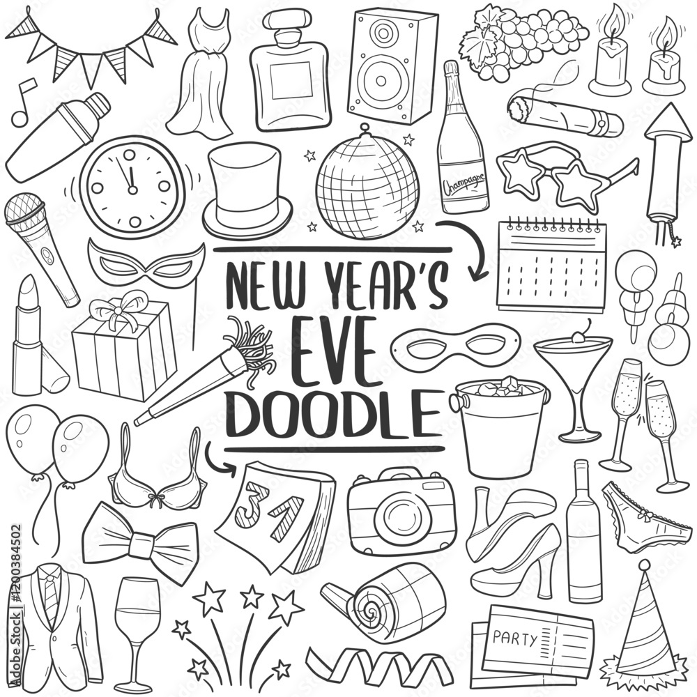 Obraz premium New Year Eve Doodle Icons Line Art. Holiday Clipart Hand Drawn Symbol Design.