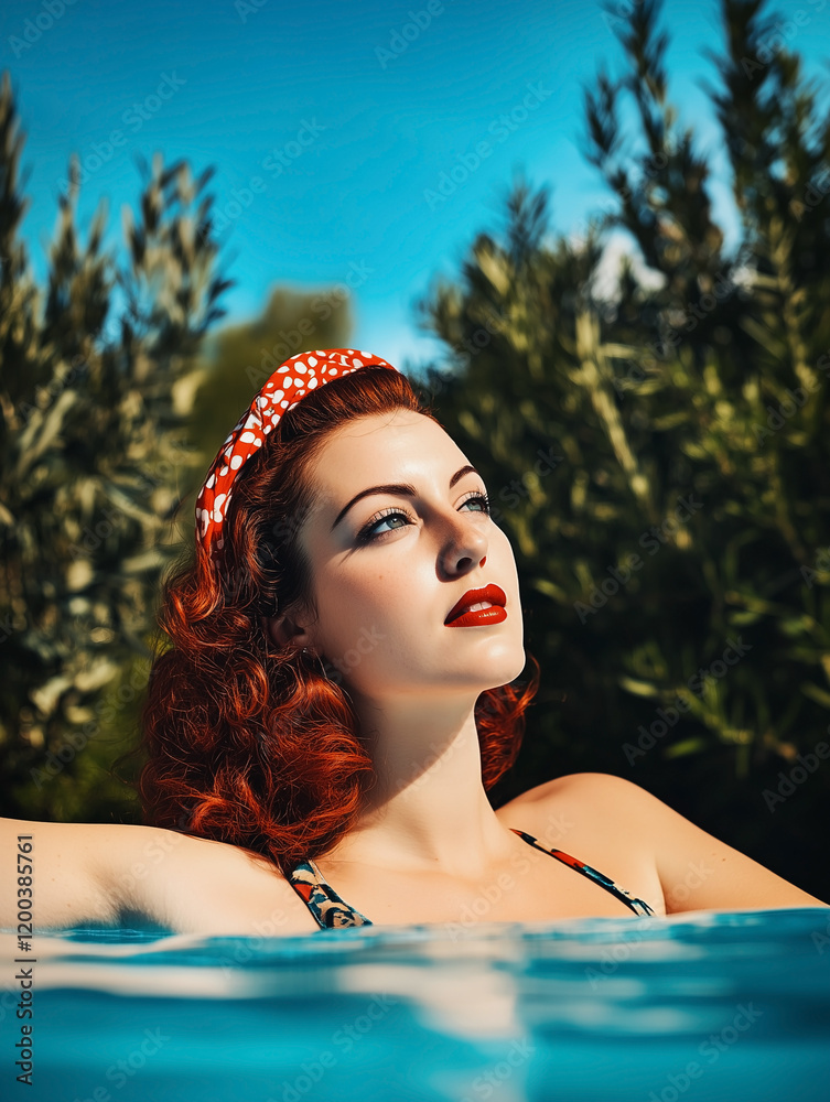 Retro 1950s sensual redhead woman with a red hairband in swimming pool on a sunny summers day.