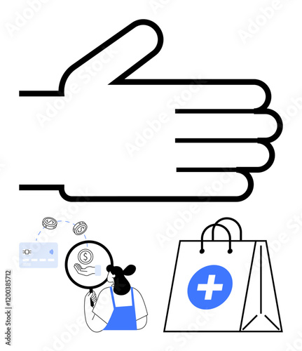 Large open hand, dollar coin, credit card, magnifying glass, geometric shopper, medicalhealth symbol, shopping bag. Ideal for charity, aid finance medical support security healthcare online