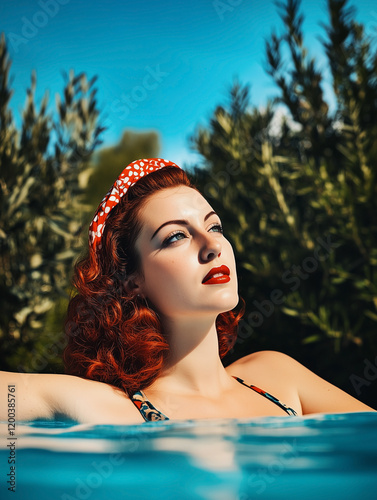 Obraz na płótnie Retro 1950s sensual redhead woman with a red hairband in swimming pool on a sunny summers day. w salonie