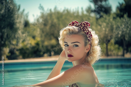Obraz na płótnie Retro 1950s sensual blonde woman with a red hairband in swimming pool on a sunny summers day. w salonie