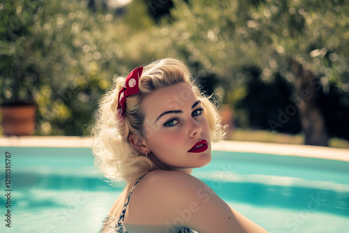 Retro 1950s sensual blonde woman with a red hairband in swimming pool on a sunny summers day.