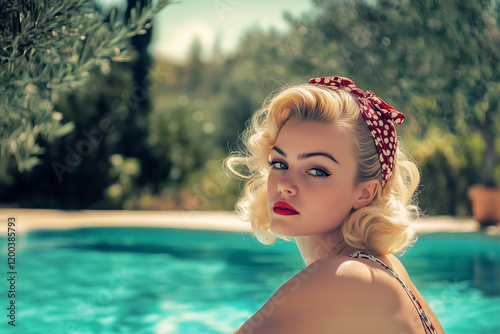 Retro 1950s sensual blonde woman with a red hairband in swimming pool on a sunny summers day.