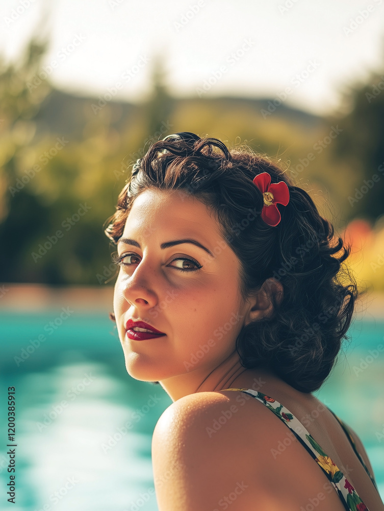 Retro 1950s sensual brunette woman with red flower in her hair in a swimming pool on a sunny summers day.