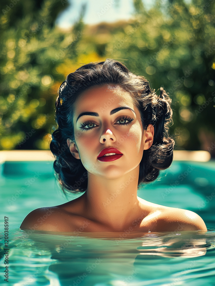 Retro 1950s sensual brunette woman in swimming pool on a sunny summers day.