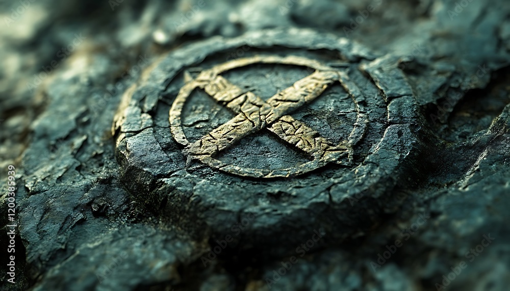 Close-up of an ancient, weathered stone with a carved X symbol. Close-up of an ancient, weathered stone with a carved X symbol.