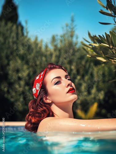 Obraz na płótnie Retro 1950s sensual redhead woman with a red hairband in swimming pool on a sunny summers day. w salonie